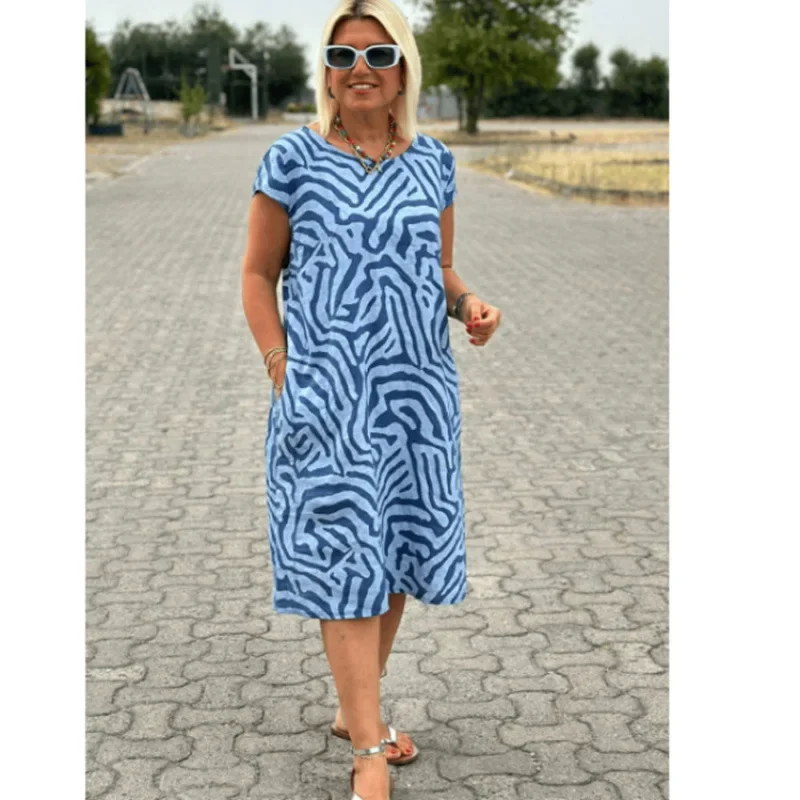 Zebra Print O-neck Rayon Midi Dress Women's Short Sleeves Loose Casual Boho Vintage Dresses for Women Robe Femme
