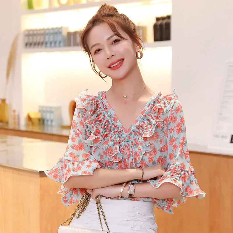 พิมพ์ Ruffles ดอกไม้ Flare แขนเสื้อชีฟองเสื้อผ้าผู้หญิงฤดูร้อนใหม่ขนาดใหญ่เสื้อลําลองเสื้อ Commuter