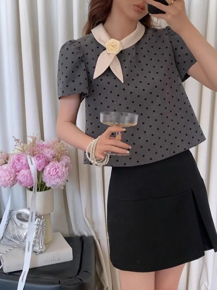 Blusas de Mujer de Moda 2025, Blusas Vintage con Mangas Abullonadas, Cuello Peter Pan, Estampado de Puntos, Camisas Holgadas Estilo Coreano, Blusas de Verano