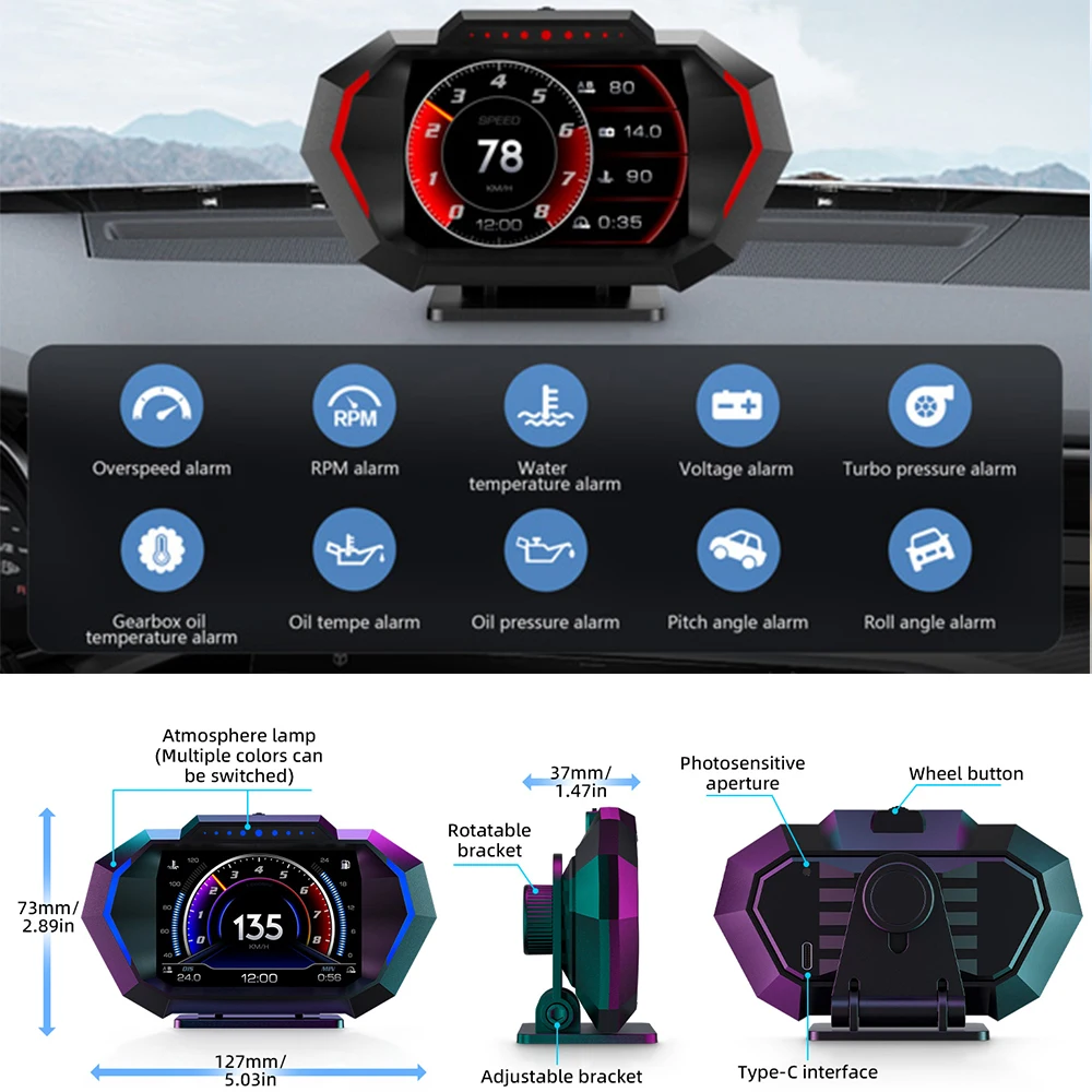 Head Up Display Auto OBD2 GPS Dual System Projector Car Glass Security Water temp Alarm Electronic Accessories on-board Computer