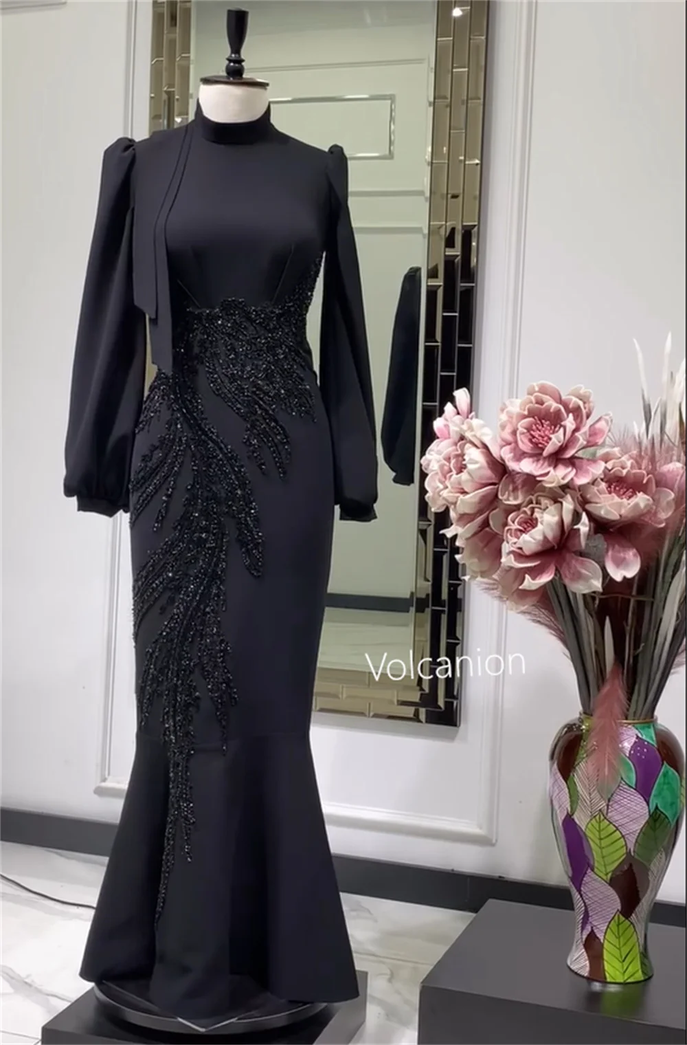 Customized Jersey Pattern Rhinestone Mermaid High Collar Long Dresses Bespoke Occasion Evening Classic Retro