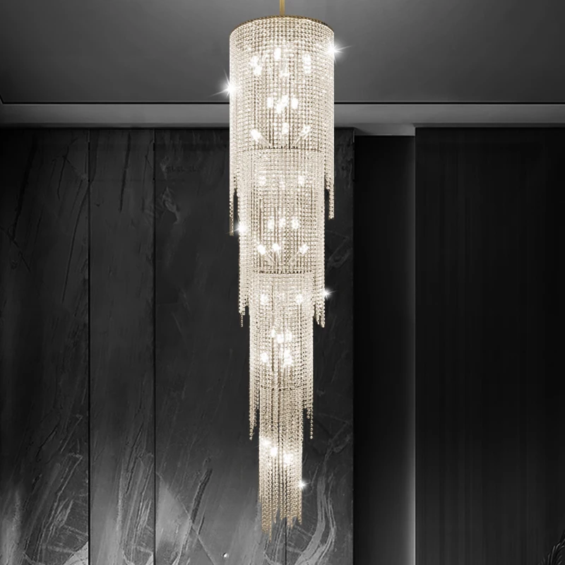 Luxury Large Crystal Chain Chandelier Ceiling Light Dimmable Pendant Lamp with Adjustable Hardware