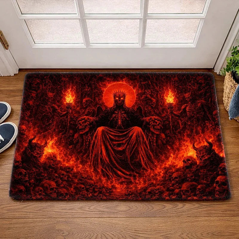 1pc Spooky Skull‑Throne‑Flame Print Welcome Doormat, Washable Durable Indoor Outdoor Floor Mat for Bathroom, Living Room
