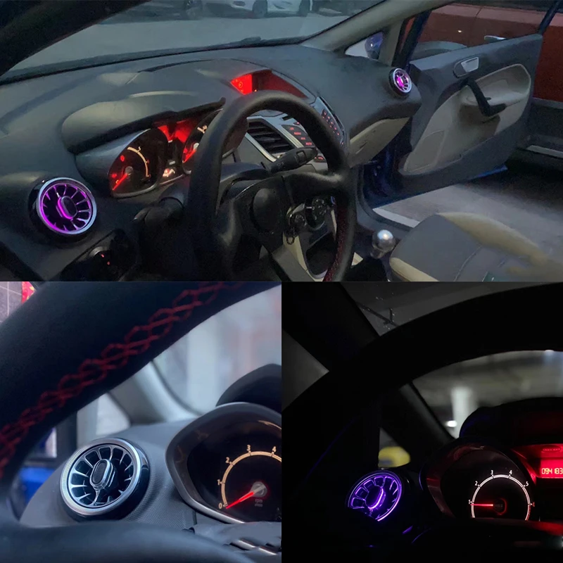 For Ford Fiesta 2009-2014 Front Dashboard AC Air Condition Vent Outlet Turbo Interior Trim LED Ambient Light Car Accessories