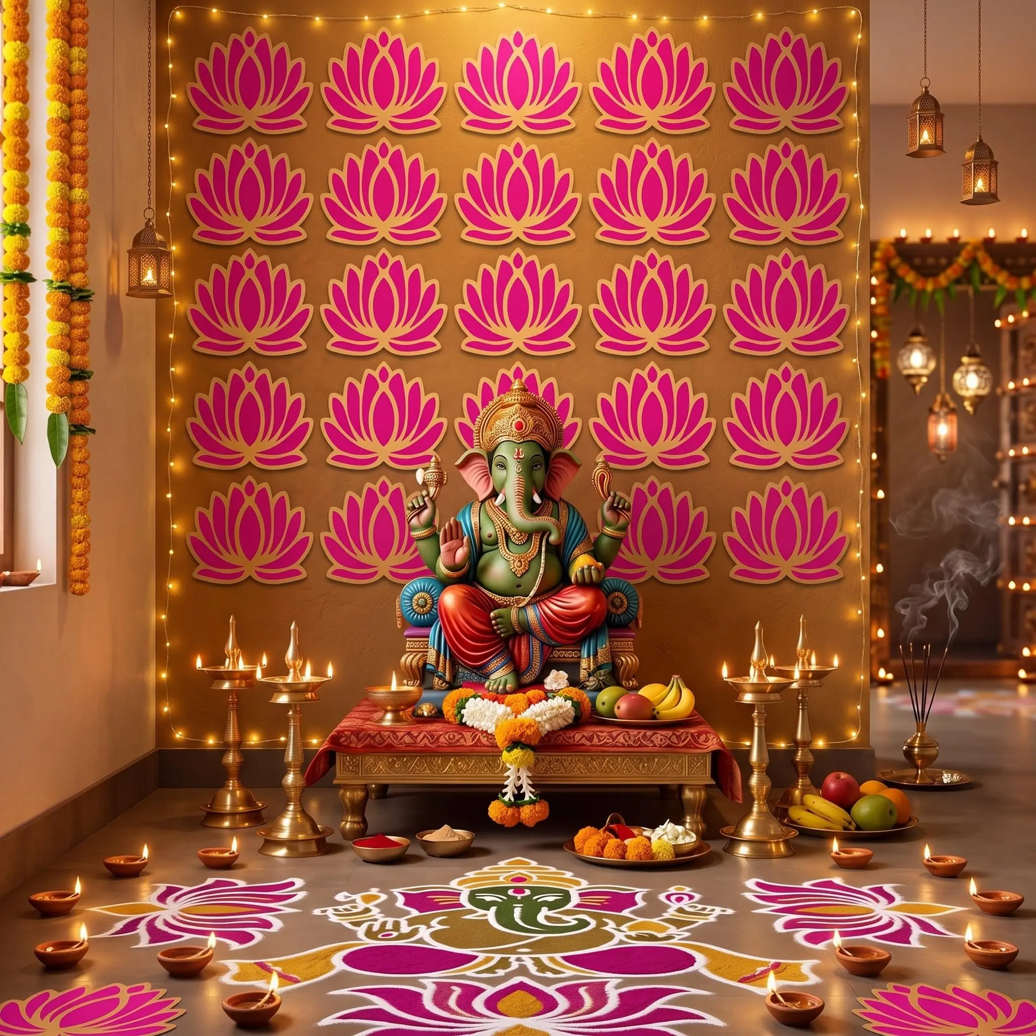 Rosa-goldene Lotus-Papierdekoration für die Wand, Diwali-Hindu-Puja-Hintergrund-Ornament, Dekorationszubehör für indische Festivals und Partys – Detail 2