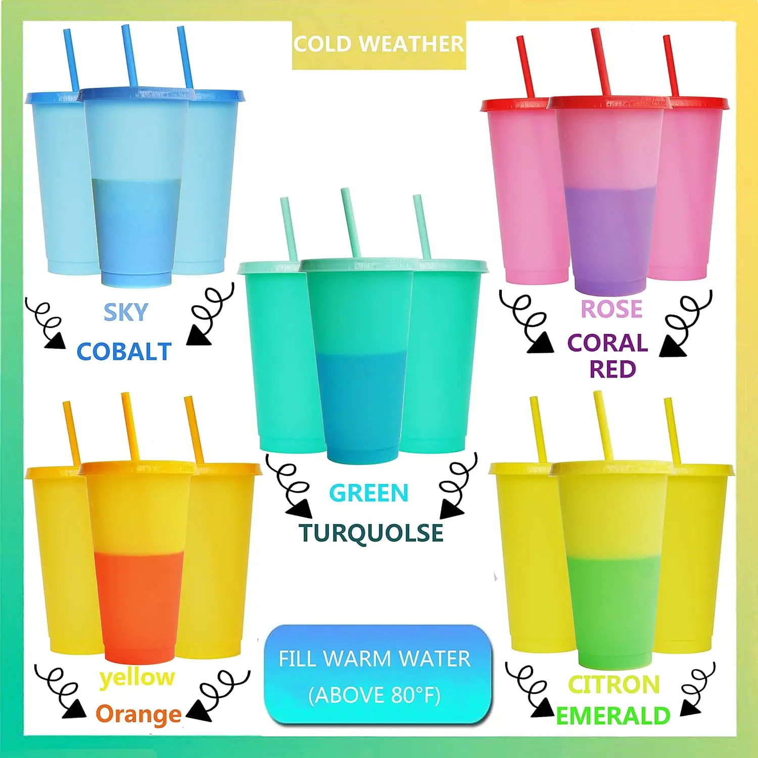 Plastic Cute Cold Cups with Lids and Straws Pack of 2 for Iced Coffee 24 oz Color Changing Reusable for Adults Kid Women Party