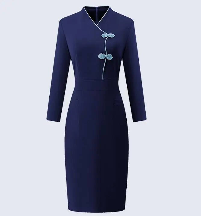 Air Stewardess Uniform Airline Dress Women Spring Cheongsam Work Chinese Style Blue Work