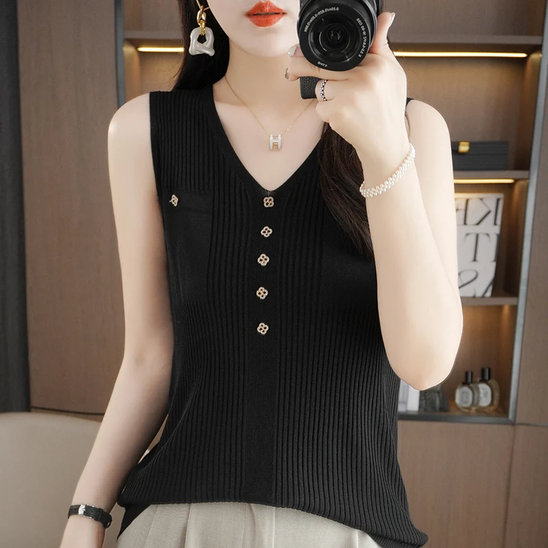100 % reine Baumwolle, V-Ausschnitt-Camisole für Damen, neuer Sommerstil, ärmelloses Stricktop zum Schichten oder als Oberbekleidung