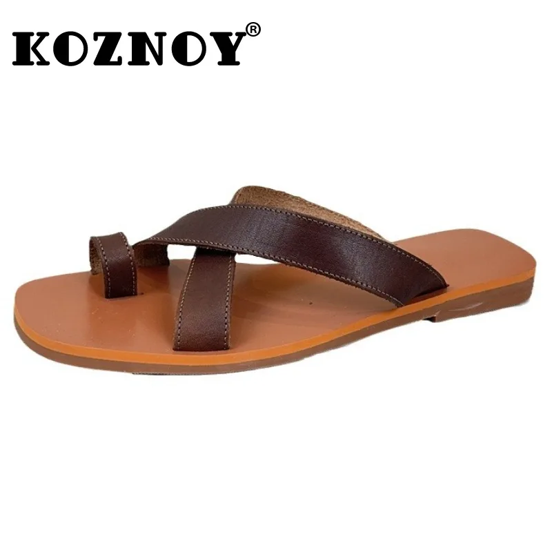 

Koznoy 1.5cm Genuine Leather Comfy Women Flip Flats Fashion 2024 Clip Toe Sandal Ethnic Flops Natural Summer Soft Soled Shoes