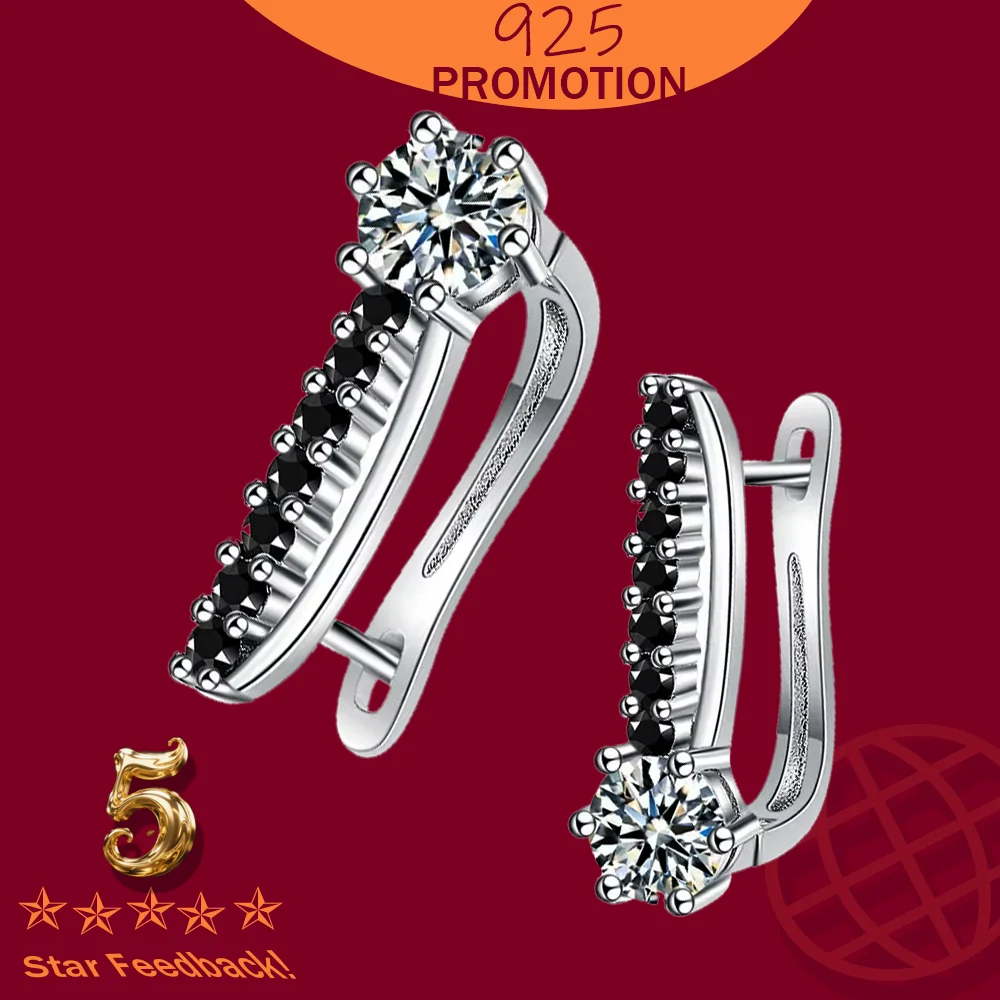 

Fashion Korean Jewelry Simple Black Crystal Clip Earrings for Women 2025 Women's Earring Oreille Female 925 Sterling Silver