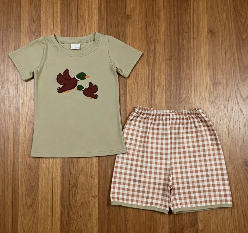 Wholesale Baby Boy Short Sleeves Embroidery Ducks Cotton Shirt Children Kids Set Plaid Shorts Boys Toddler Outfit Clothes
