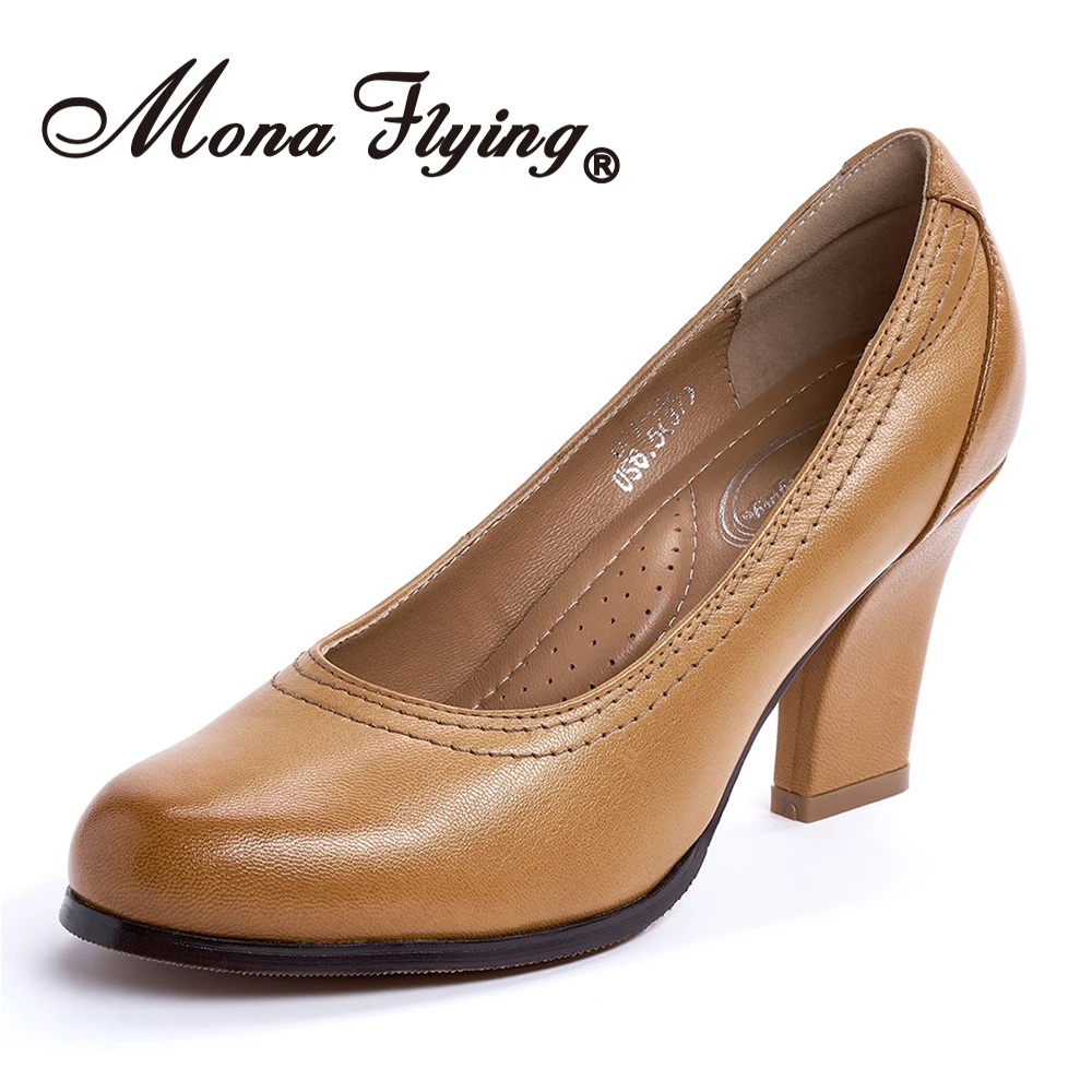 

Mona flying Women's High Heel Genuine Leather 8 cm Chunky Pumps Formal Court Shoe Office Work Dress Heel Shoes for Ladies 027-23