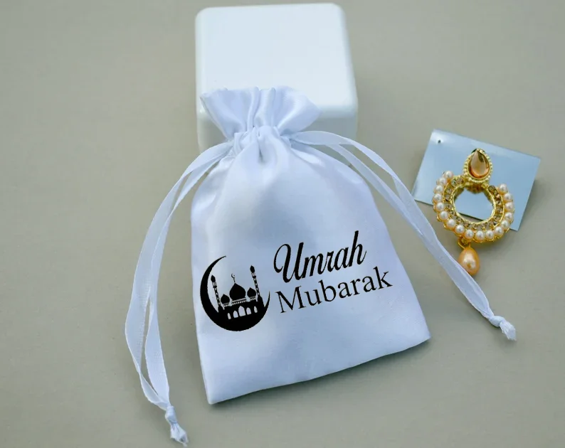 5 Pcs Umrah Mubarak White Satin Drawstring Pocket Gift Bag Eid Al-Fitr Muslim Islamic Ramadan Kareem Gift Eid Mubarak Decoracion