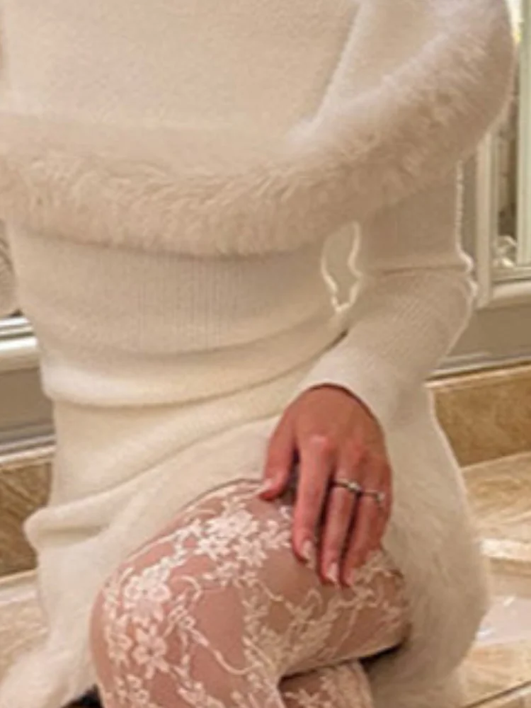 여성용 인조 모피 패치워크 니트 투피스 세트 오프숄더 긴팔 탑 힙 패키지 스커트 슈트 2026 여성 이브닝 파티 세트