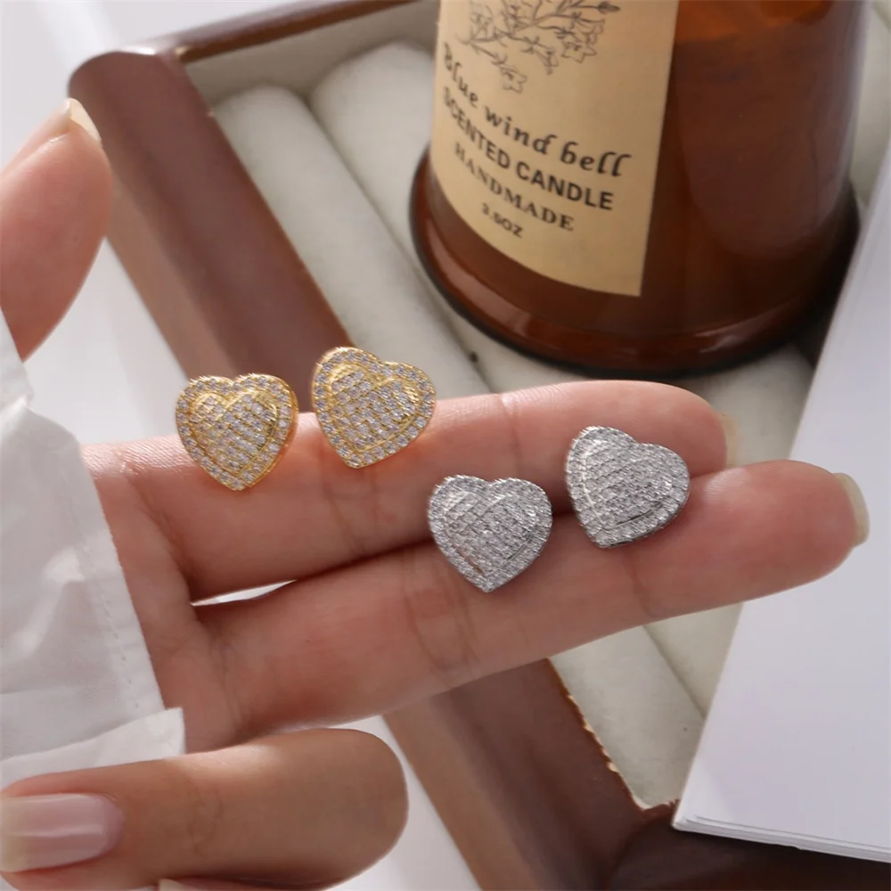 Charm Love Heart Stud Earrings For Women Gold Silver Color Luxury White Zircon Bridal Wedding Ear Studs Daily Party Jewelry Gift