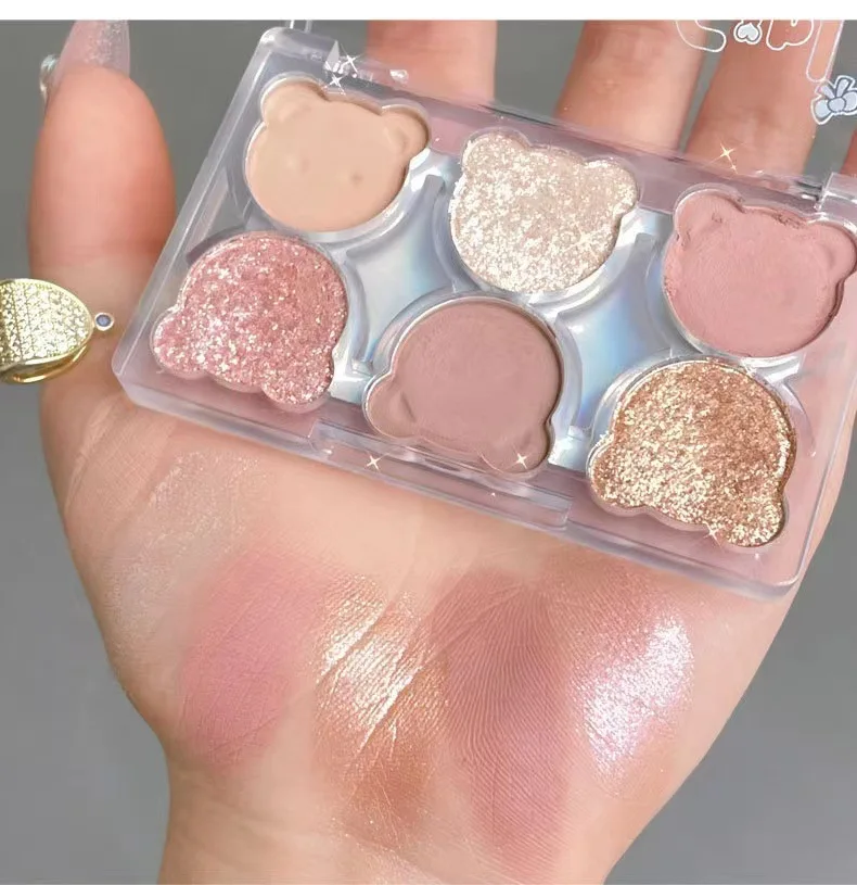 6-Color Cute Bear Eyeshadow Palette Nude Purple Glitter Pearly Eye Shadow Matte Long Lasting Korean Eye Makeup Palette Cosmetics