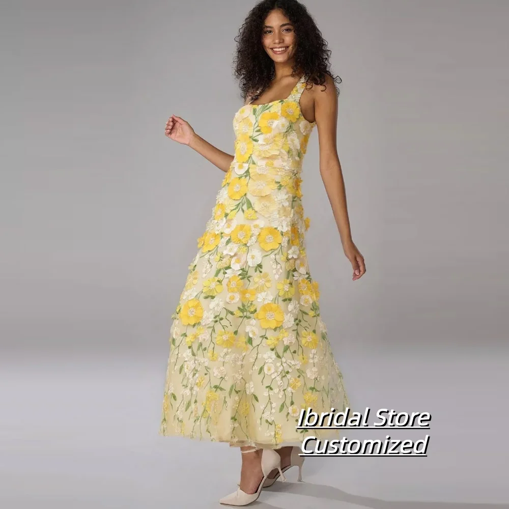 Aangepaste gele galajurk avondjurken vrouw elegante feestjurken bloemen stof speciale gelegenheid jurk