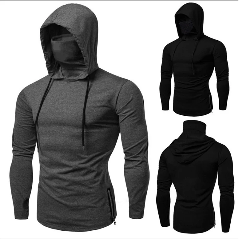 New Mens Gym Thin Hoodie Long Sleeve Hoodies with Mask Sweatshirt Casual Splice Large Mask Hoodie Sweatshirt Hooded Tops Cycling