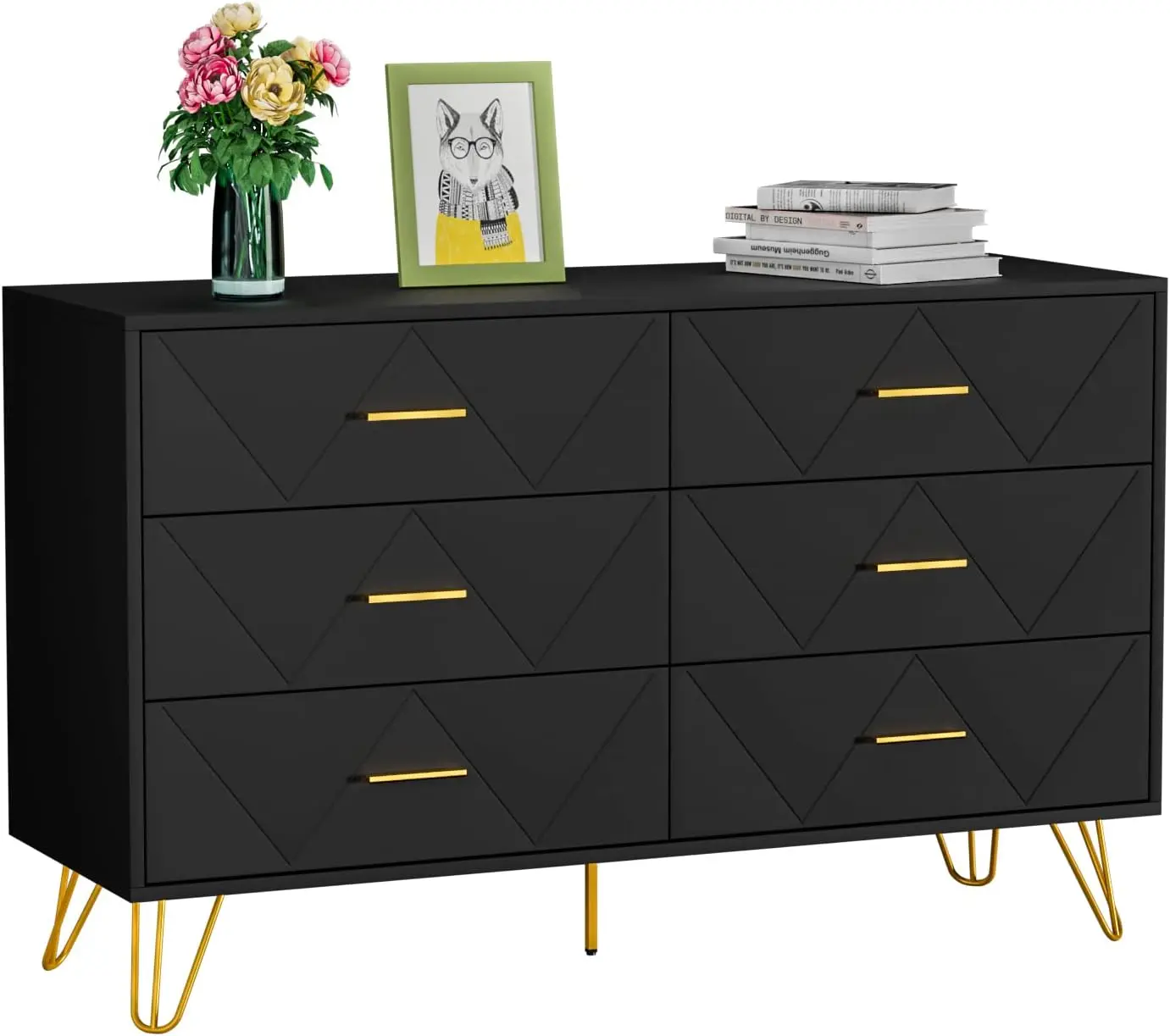 6 Drawer Double Dresser with Wide Drawers and Metal Handles, Wood Dressers & Chest of Drawers for Hallway, Entryway.