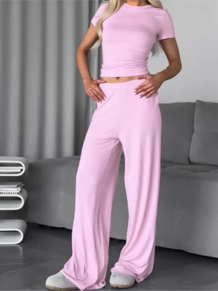 

2026 Summer New Woman 2 Piece Set Outfit Short Sleeve Tops T Shirt Long Pants Pajama Set Ladies Home Clothes Solid Color Casual