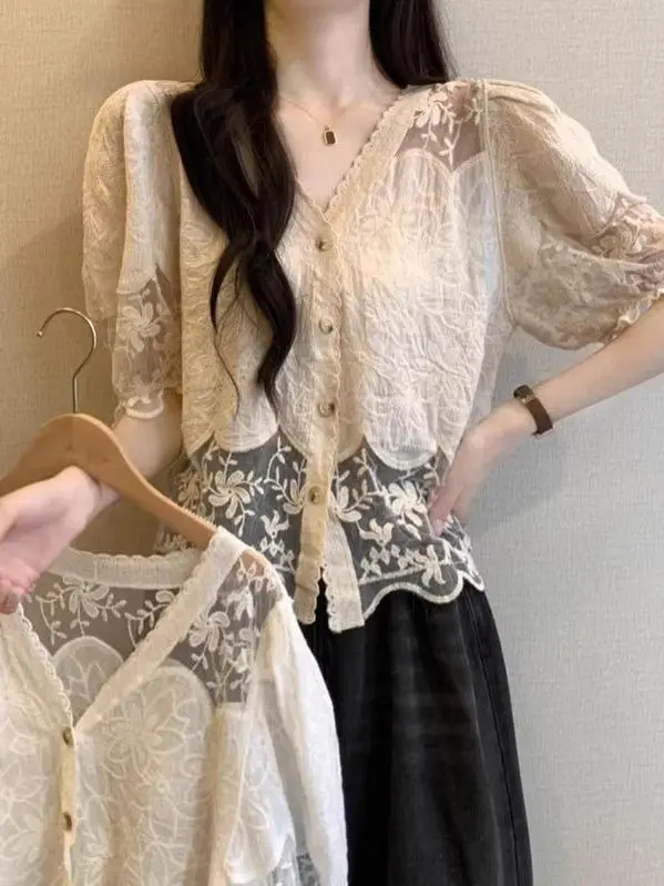 

Heavy Embroidery Lace Hook Flower Women's irt Summer plus Size Slimming V-Ne Versatile Cotton Vintage Sle Top