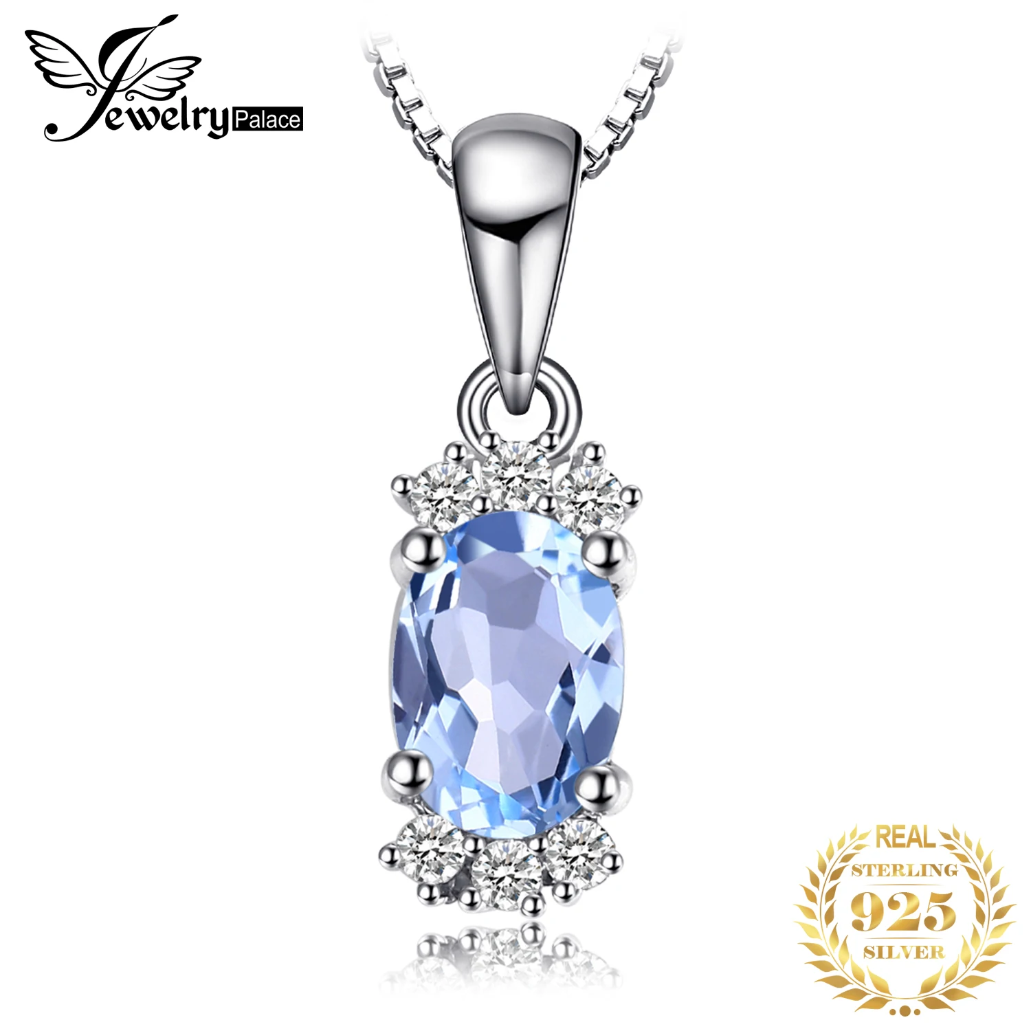 JewelryPalace Naturalny owalny błękitny topaz 925 Srebrny naszyjnik dla kobiet Drobna biżuteria Kamień szlachetny Choker Bez łańcuszka