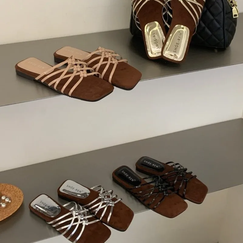

Women Slippers Summer Breathable Hollow Out Sandals French Style Square Head Open-toe Cool Slippers Vacation Style Beach Slipper