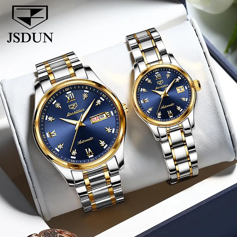 JSDUN Couple Watch Brand Fashion Stainless Steel Mens Watches Womens Watches 30M Waterproof Mechanical Clock Luminous Reloj 8763