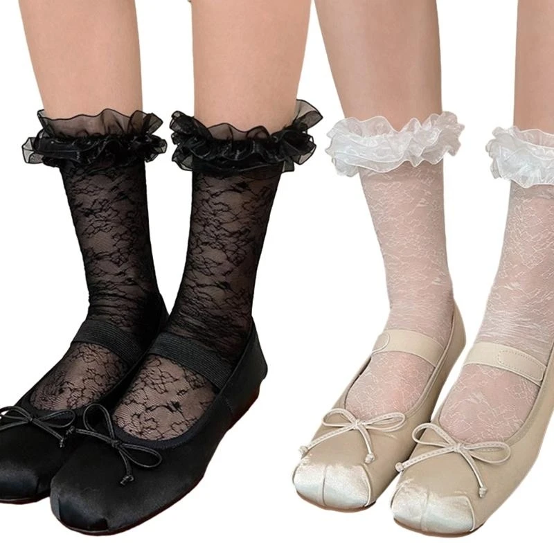 Kobiety Lolita przezroczysta siateczka załogi skarpetki słodkie koronki z falbankami wykończenia Bowknot słodkie miłość serce wzór Anime księżniczka wyroby pończosznicze — zdjęcie 5