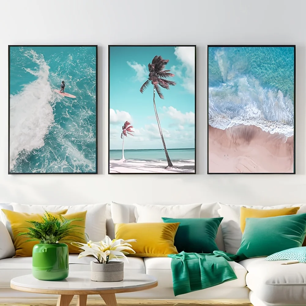 3pcs Beach Posters Suitable for Coastal Wall Art - Surfing, Boardwalk & Palm Trees Summer Seascape Prints - Unframed Canvas W