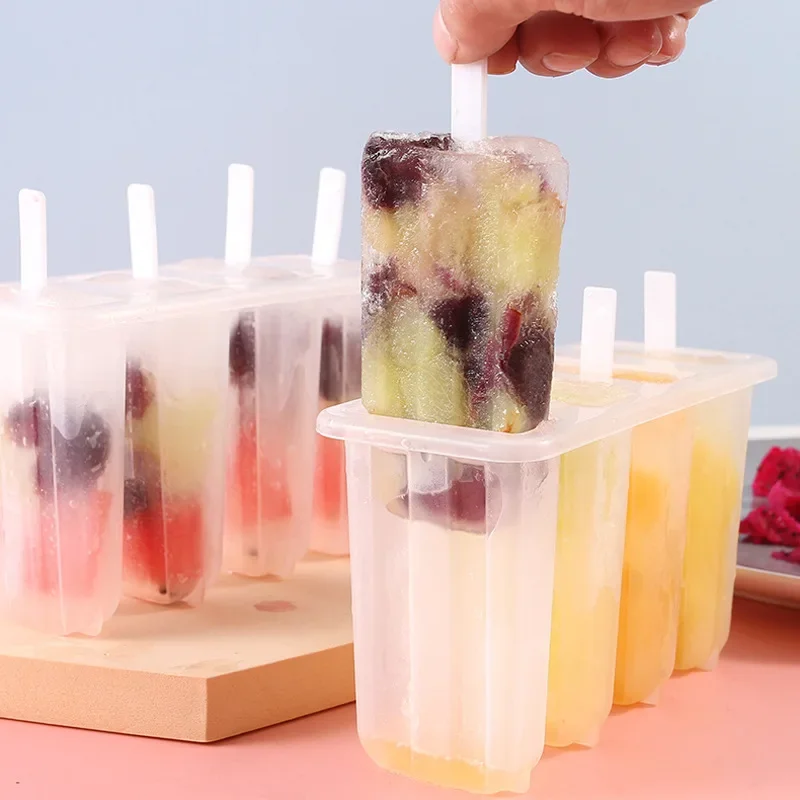 4-cells White PP Ice Cream Ice Pop Mold with Cover Stick Household Simple DIY Homemade Juice Fruit Ice Lolly Box Summer Gadgets