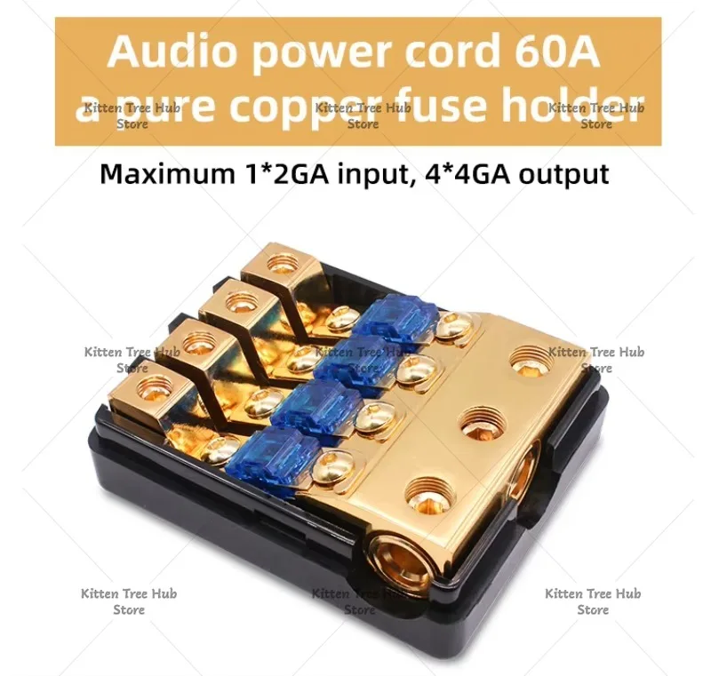 Car Audio Power Supply 1 * 2GA in-4 * 4GA Out ANL 60A Copper Distributor Block Automatic Fuse Holder