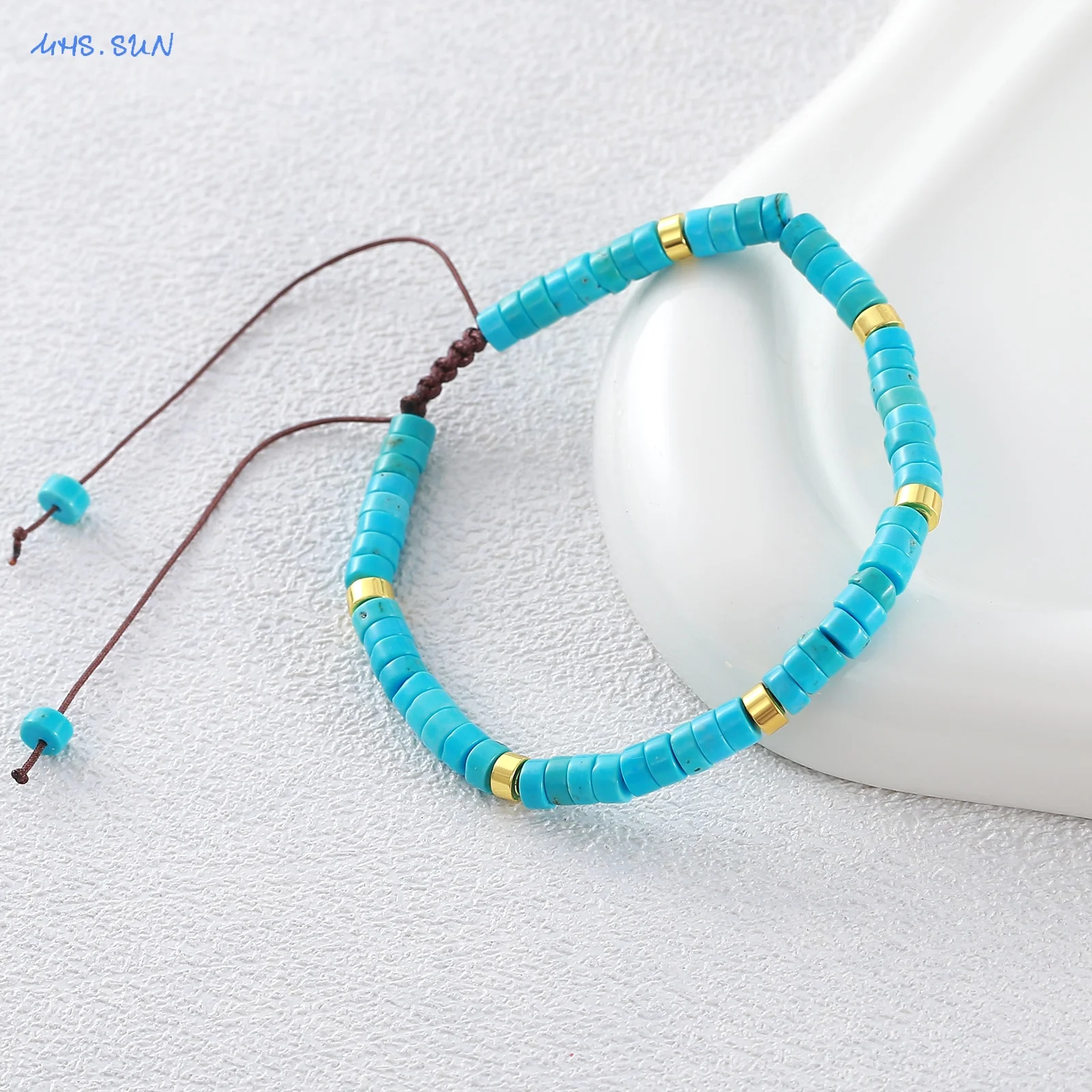 Fashion 4*2mm Natural Stone Blue Turquoise With Stainless Steel Spacers Adjustable Woven Bracelet Women Jewelry For Daily Wear