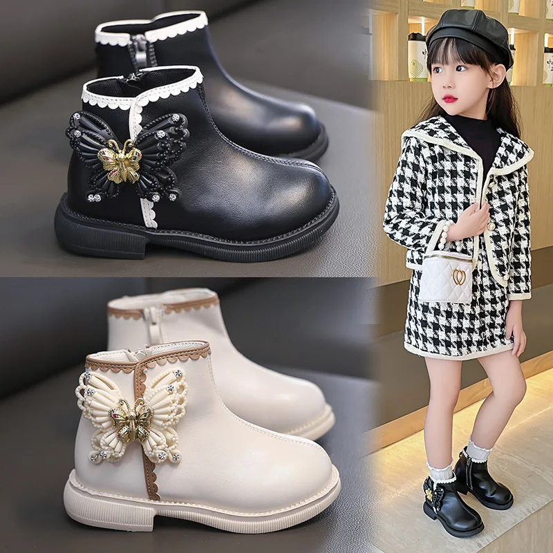 

2025AW/Новые ботильоны принцессы для девочек, модные удобные кожаные полусапожки с кружевным акцентом и бантом, нескользящий дизайн