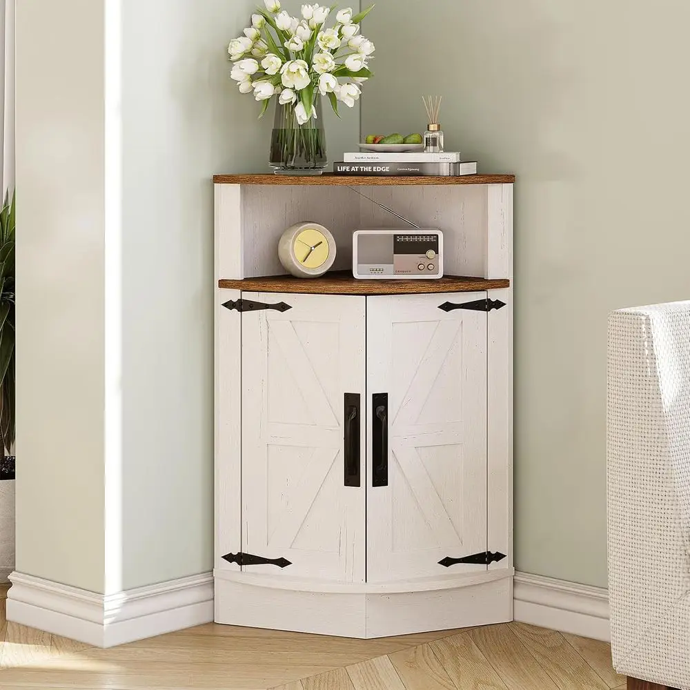 

White Small Barn Door Cabinet with Adjustable Shelves for Bathroom, Pantry, Living Room, Kitchen