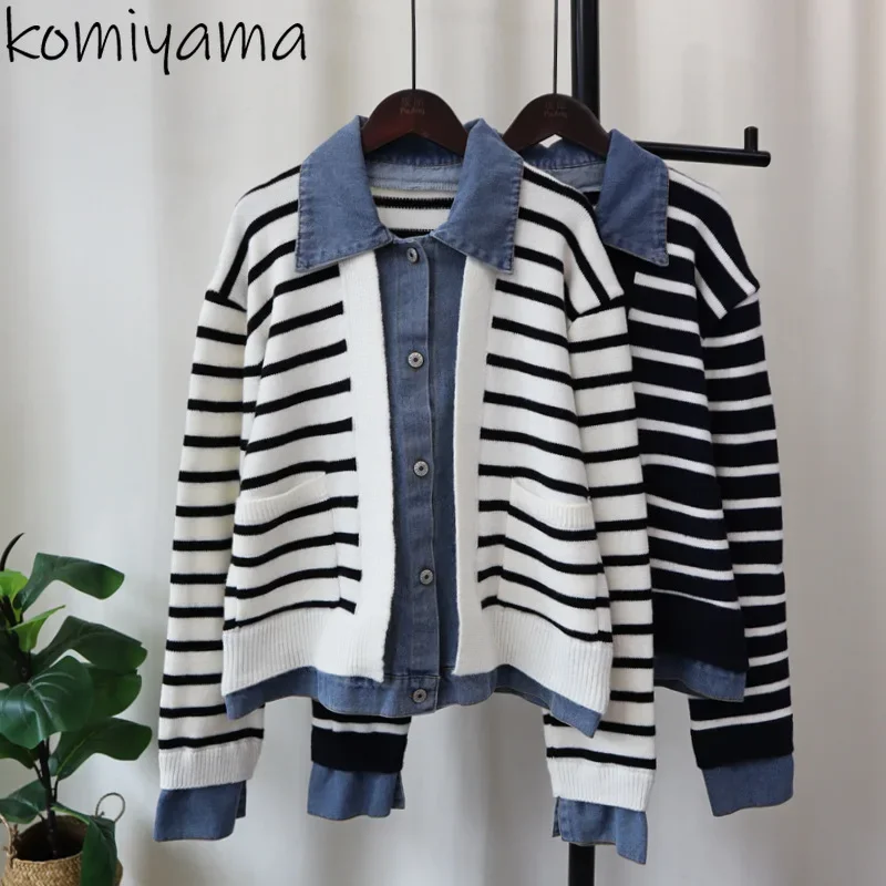 Spliced Denim 2025 Woman Cardigan Contrast Stripe Ropa Mujer Laple Neck Long Sleeve Outerwears Loose Sweater Autumn Cardigans