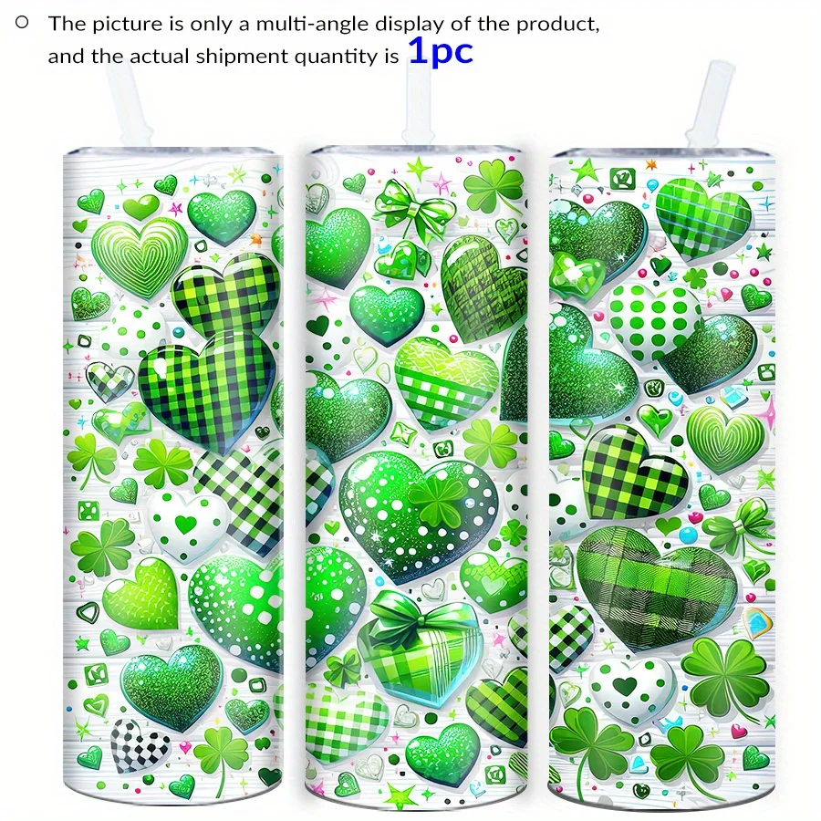 1pc, St. Patrick 20Oz Vacuum Insulated Straight Tumbler, 3D Printed Green Plaid Heart/Four-Leaf Clover Pattern, Stainless Steel Slim Coffee Cup with Lid And Straw, St. Patrick Easter Valentine'S Day Mother'S Day Party Gift, Suitable for Kitchen Home