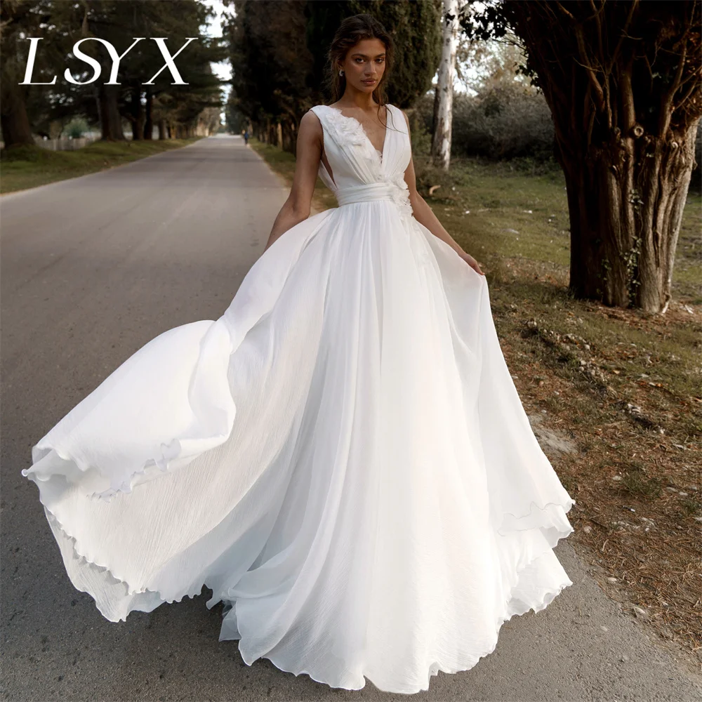 LSYX Boho Sleeveless 3D Flower Pleats Fairy Chiffon Wedding Dress Open Back V-Neck  A-Line Court Train Bridal Gown Custom Made