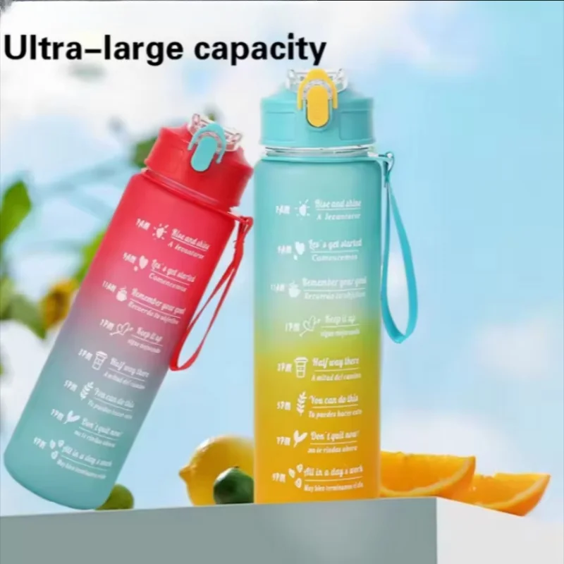 Large Capacity Sports Water Bottle Leak Proof Plastic Drinking Cup With Time Scale Suitable For Travel Fitness Sports