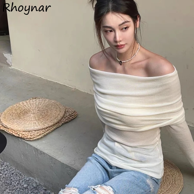 

Pullovers Women Spring Spicy Girls Autumn Slash Neck Korean Style Off Shoulder Solid Causal Simple Pleated Designed All-match