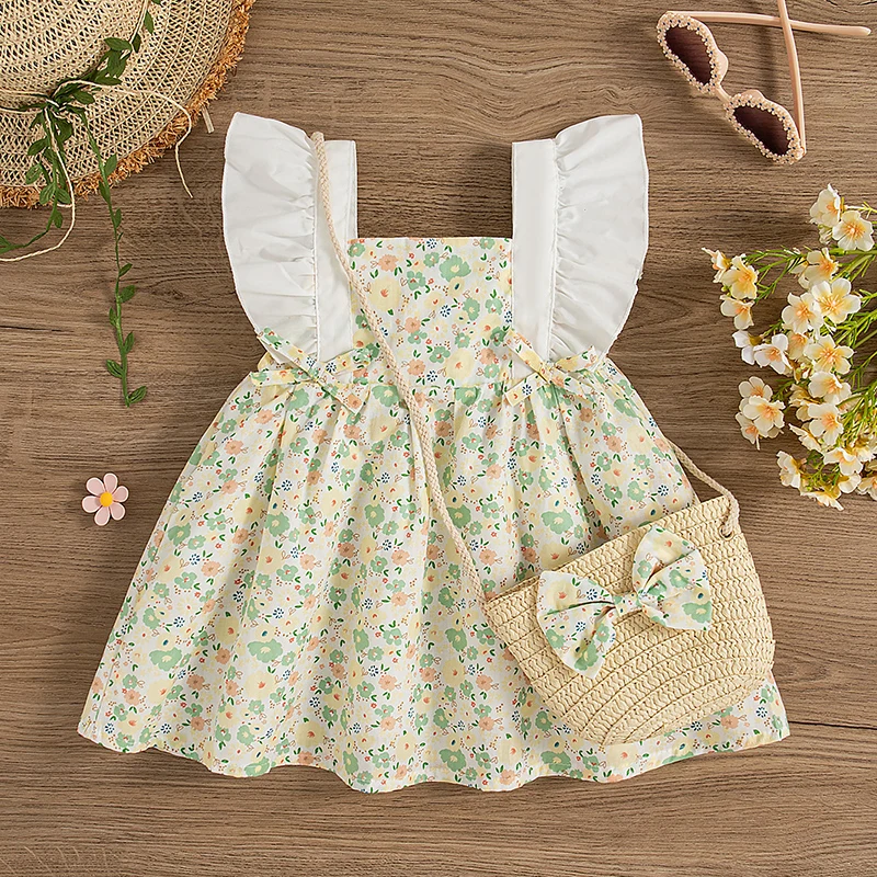 New Summer Floral Baby Girl Dress From 9 Months To 3 Years Old, Cute Bow Children\'S Sleeveless Clothes With Free Bag