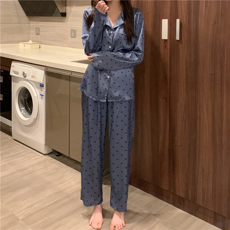 Women\'s New Pajamas Female Sweet Love Pajamas Long-Sleeved Spring And Autumn Summer Women\'s Homewear Ice Silk Pajamas Homewear