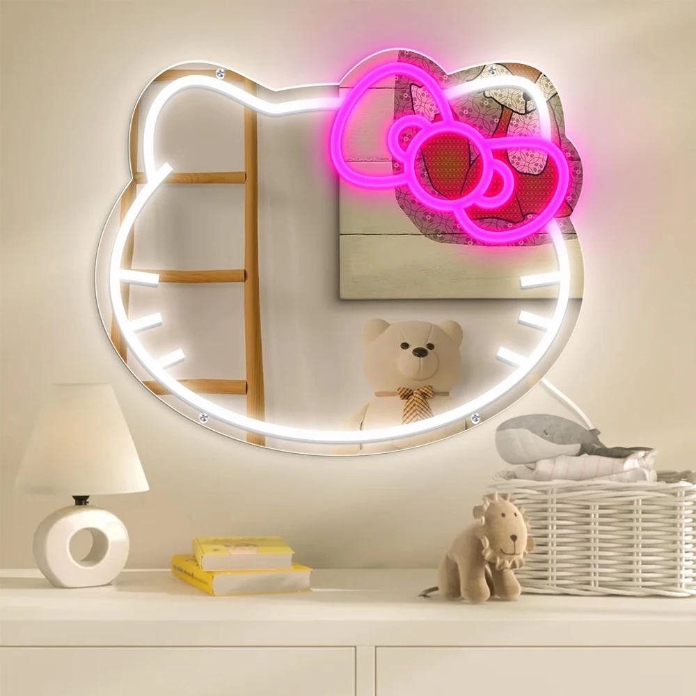 Anime Hello Kit Mirror with Light Neon Sign for Wall Decor Dimmable Neon Mirror for Girl Gift Makeup Mirror Neon Sign Room Decor