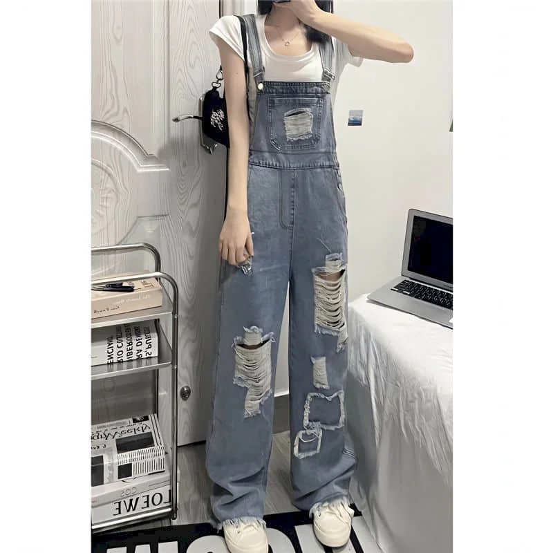 Denim Jumpsuits Women One Piece Outfits Women Rompes Loose Hole Design American Style Casual Vintage Playsuits Women Clothing