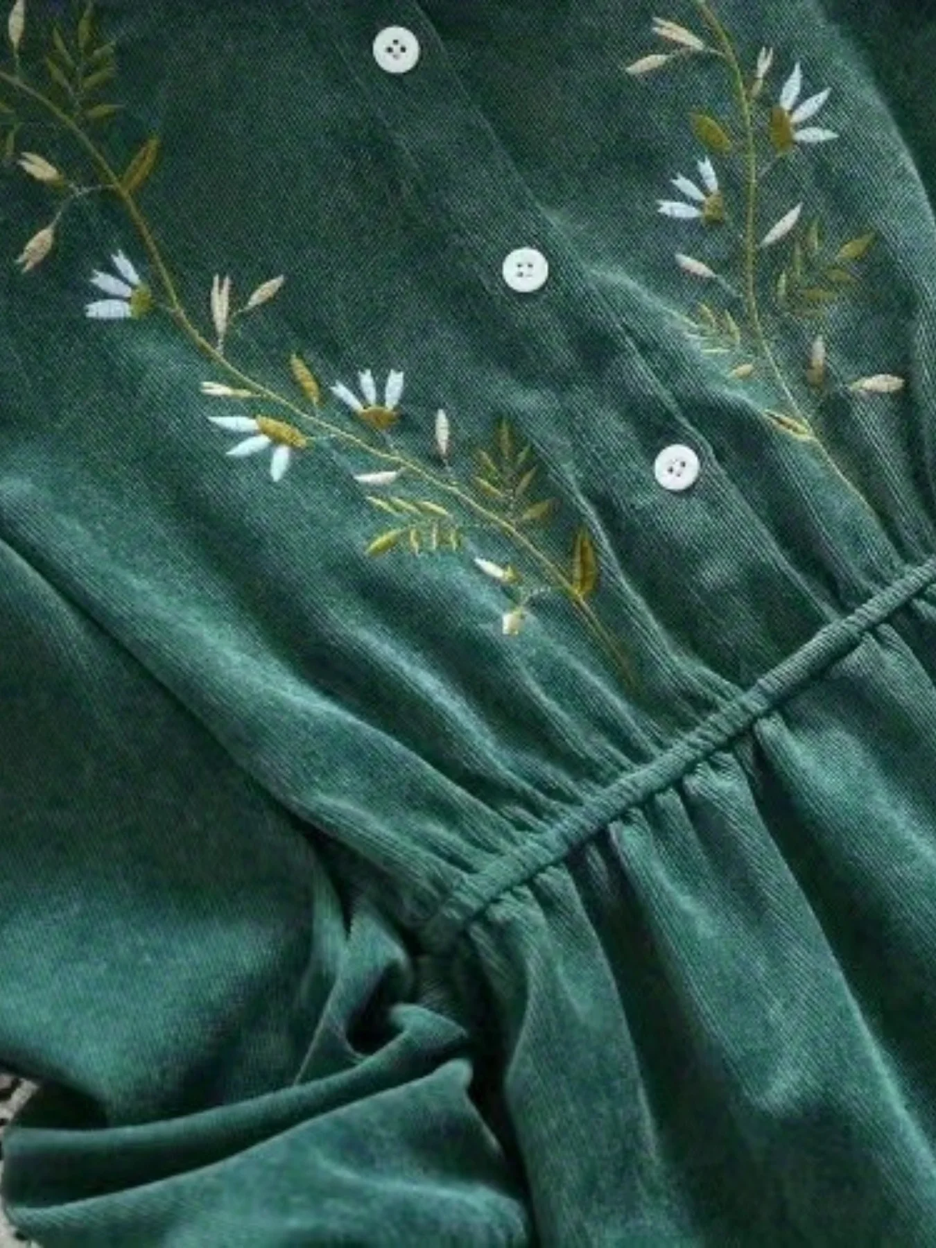 Women Corduroy Dress 2024 Spring Autumn Long Sleeve Embroidered High Waist French Retro Green Vestidos Elegant Clothing