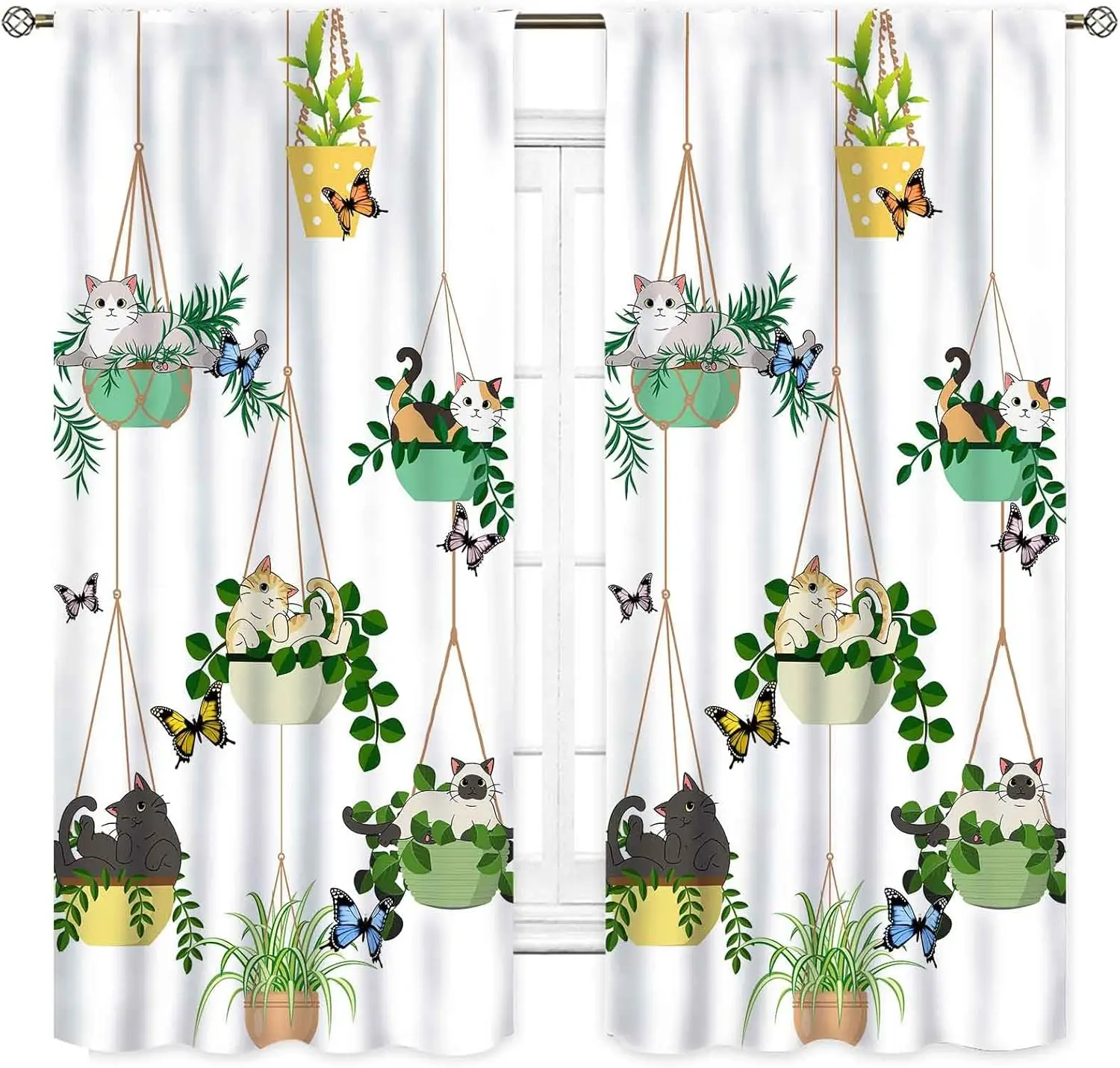 Cat Curtains, Rustic Farmhouse Hanging Potted Plants Blacketplants Kitty Cute Lovely Cats Botanical Printed Sage Green Drapery
