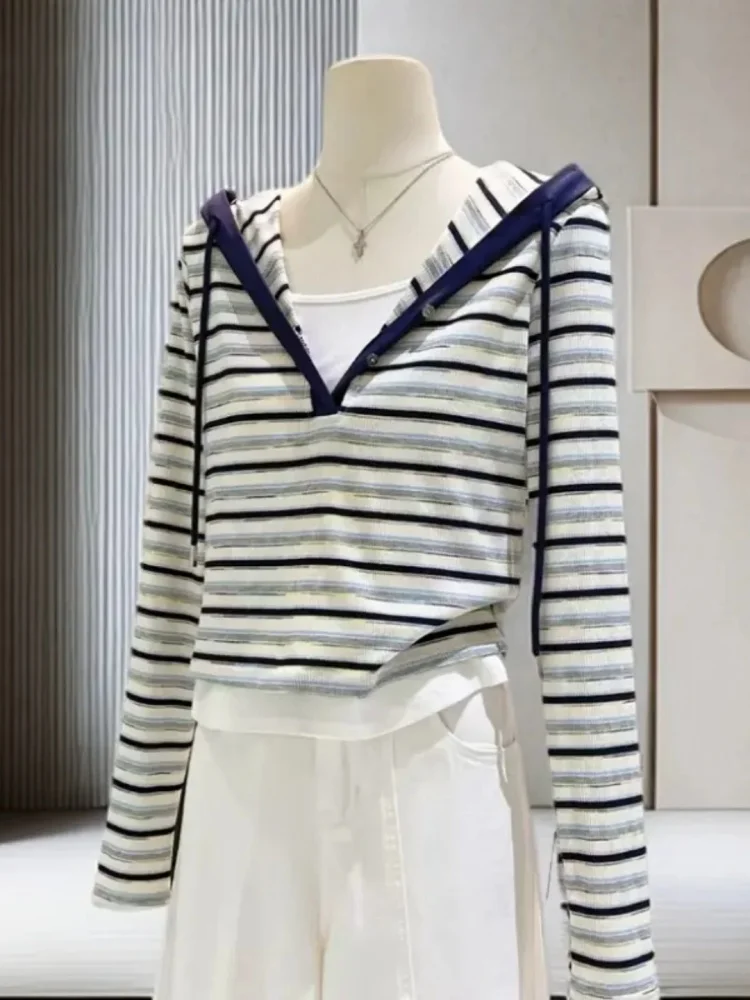 plus Size College Style Striped Hooded Long Sleeve T-Shirt Women's Autumn Fashion Loose Slimming Top Korean Version Straight Cut