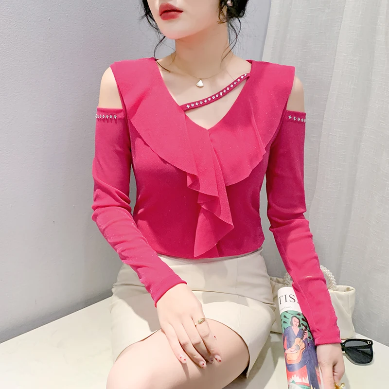 T-shirt Ele Long Sve V-Ne con perline da donna Summer Faion Street Sle Me under irt Top base con orlo in pizzo floreale