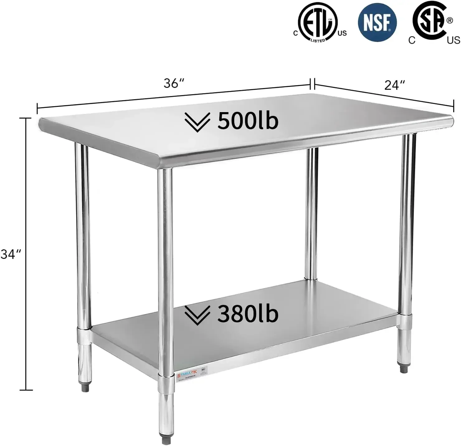 Nsfステンレス鋼テーブル、金属製の準備と作業テーブル、調整可能な棚の下、商業用キッチンとレストラン、24x36インチ