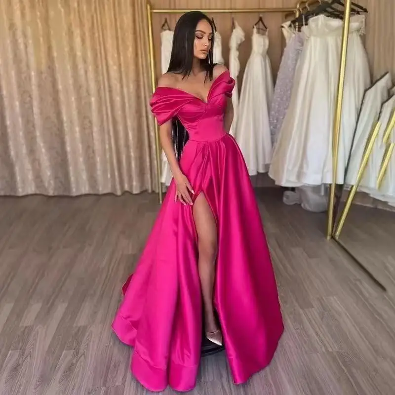 

Customizd Elegant Pleat Prom Gown Satin Side Slit Evening Dress Off Shoulder Party Prom Dress For Women Robes De Soirée